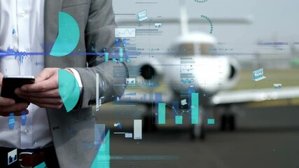 Business analytics and data visualization animation over man using smartphone near airplane - Powered by Adobe