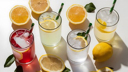 Fototapeta premium Set of different lemonade drinks made with soda water on white background