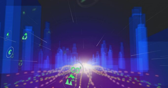 Digital cityscape with financial symbols and CO2 reduction animation