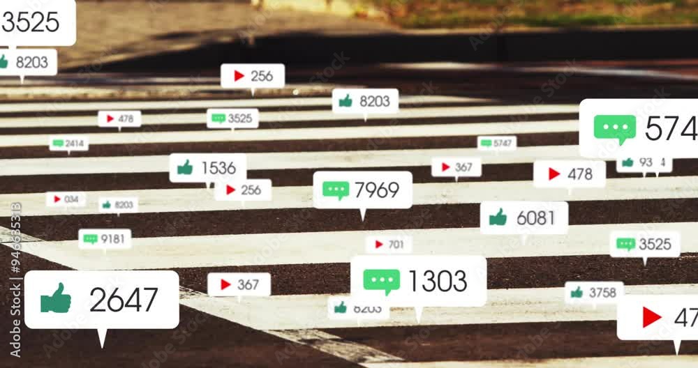 Poster Social media engagement animation over busy street with various interaction icons