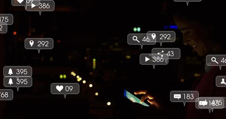 Social media notifications animation over person using smartphone in dark cityscape - Powered by Adobe