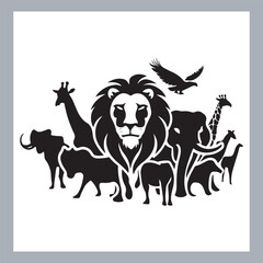 Set of silhouette logotype icons animal Lion, Elephant, Tiger, Giraffe, Kangaroo, Panda, Gorilla, dolphin, cat, deer, Polar Bear, Zebra, fox in white background