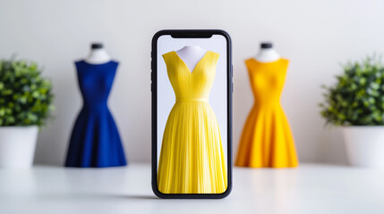 Close-up of a smartphone displaying a dress rental app with trendy dresses on display vibrant colors and sleek interface online fashion convenience 