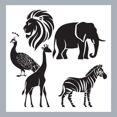 Set of silhouette logotype icons animal Lion, Elephant, Tiger, Giraffe, Kangaroo, Panda, Gorilla, dolphin, cat, deer, Polar Bear, Zebra, fox in white background
