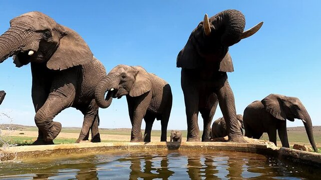 Low angle waterhole POV as family herd of elephants use trunks to drink water