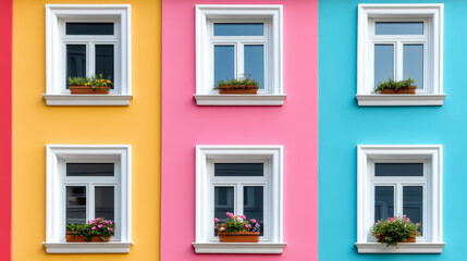 Obraz premium Collage of colorful PVC windows arranged in an eye-catching pattern geometric layout with a mix of primary and pastel colors artistic design for creative spaces 