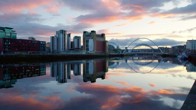 Newcastle upon Tyne sunset over the river with iconic buildings and bridges. England UK