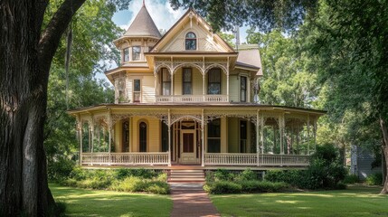 Fototapeta premium Historic home with a Victorian-style exterior, wraparound porch, and ornate detailing, located in a charming, tree-lined street
