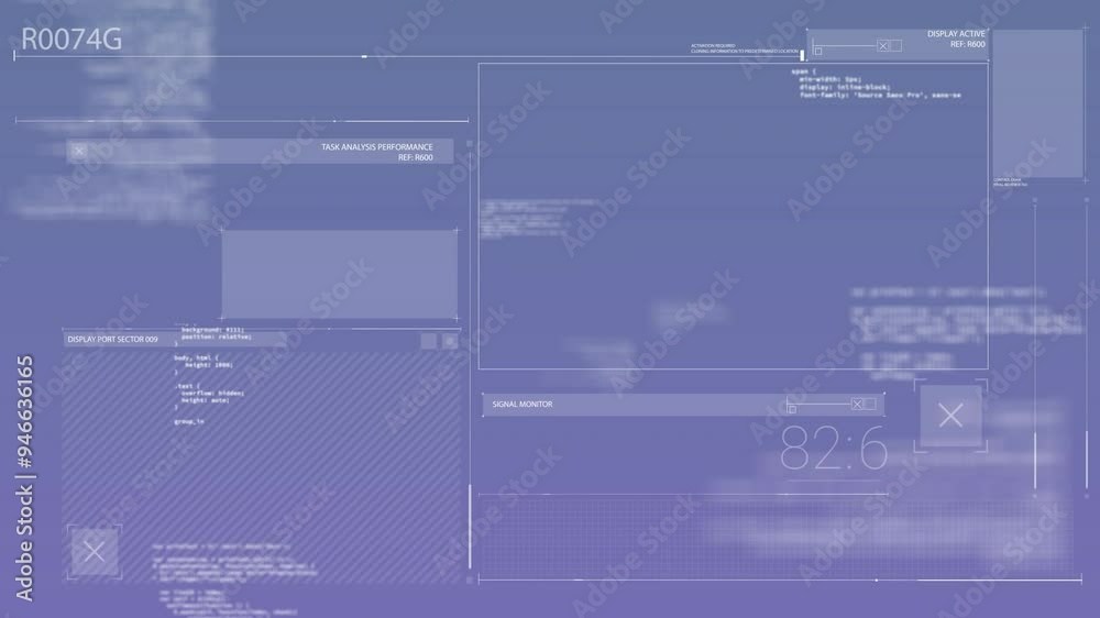 Poster data analysis and system performance animation over blue technical interface