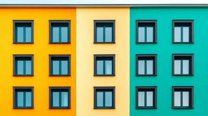 Obraz premium Contemporary building facade featuring large PVC windows in alternating colors of yellow, orange, and teal dynamic and energetic modern design bright and inviting 