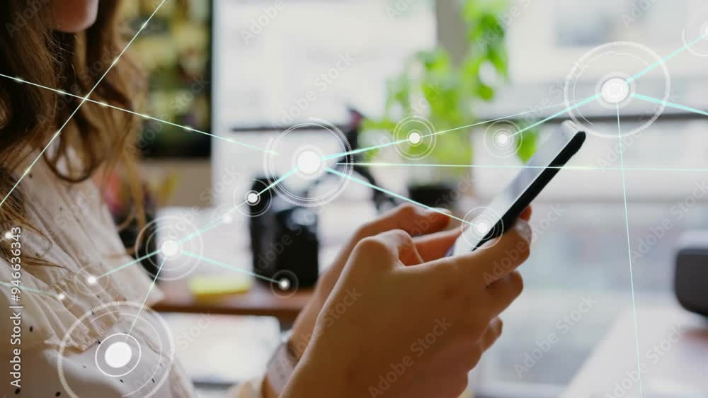 Poster network connections and data points animation over person using smartphone in office