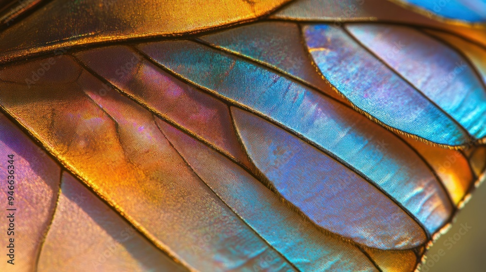 Poster Close-up of iridescent butterfly wing with overlapping scales