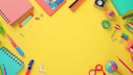 Bright pastel saffron background with colorful school items in the corners, perfect for educational content