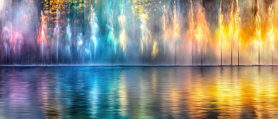 Fototapeta premium Colorful Water Fountains Reflecting in a Still Pond