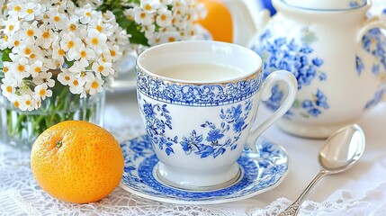   A blue and white cup and saucer sits atop a white table, alongside an orange and a vase of vibrant flowers