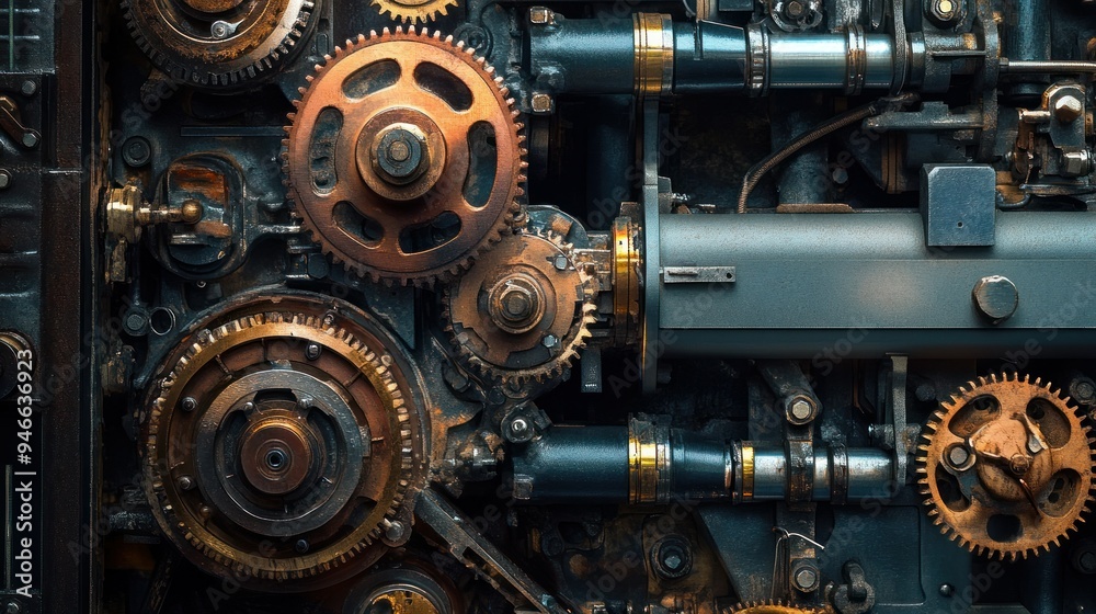 Poster close-up of industrial machine gears and components