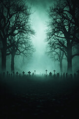 Fototapeta premium Dark, eerie Halloween invitation with gothic typography glowing against a misty graveyard background, twisted trees and shadowy figures in the distance with space for event details 