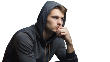 Young Man Wearing a Black Hoodie Contemplating While Sitting