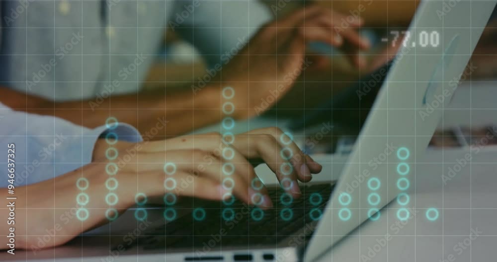 Aufkleber typing on laptops, binary code and data processing animation over hands