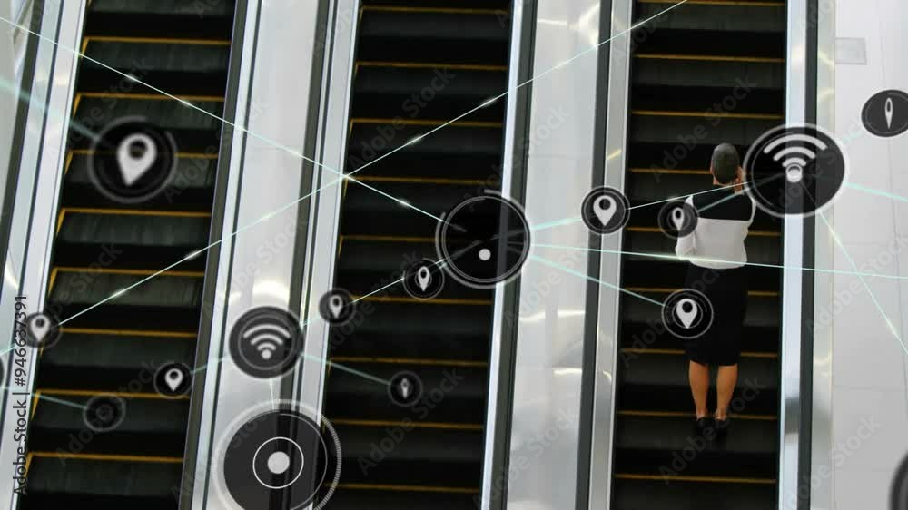Poster network connection points and data icons animation over person on escalator