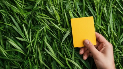 A vibrant yellow card is placed on lush green grass seen under natural sunlight, highlighting simplicity, color contrast, and drawing attention to the natural elements present.
