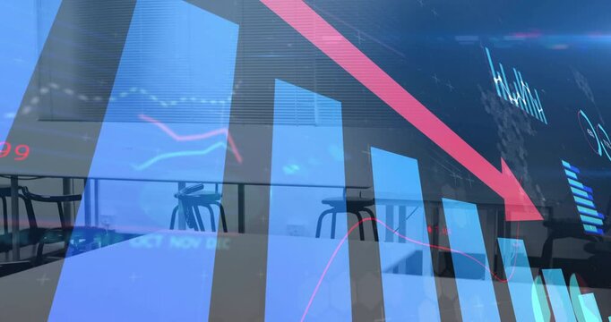 Declining bar graph and red arrow animation over empty office chairs and desks