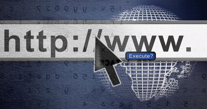 Clicking cursor over http://www text animation with globe and binary code background