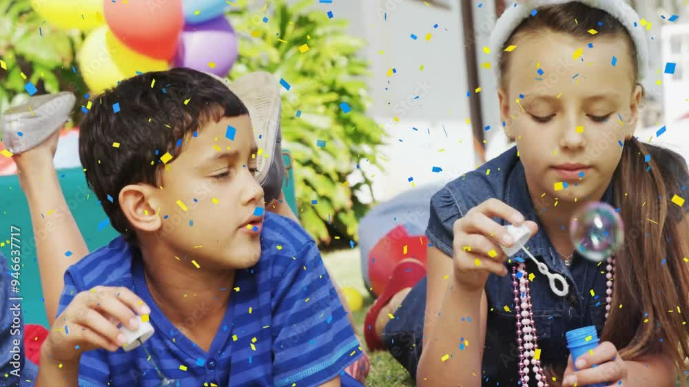 Poster Blowing bubbles, child surrounded by colorful confetti animation at outdoor party