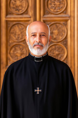 Naklejka premium Elderly priest in a simple cassock with a peaceful expression standing in front of an ancient church door evoking a sense of history and tradition 