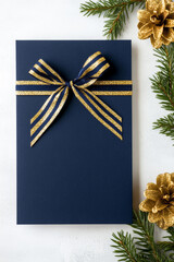 Elegant dark blue Christmas invitation framed by gold glitter lines snowflake patterns and a luxurious ribbon with rich contrast for a premium event design 