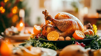 A perfectly roasted turkey centerpiece on a festive table, surrounded by seasonal decor like autumn leaves, pumpkins, and candles, evoking the warmth of Thanksgiving