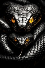 Fototapeta premium Pair of black snakes coiled with sharp focus and bright eyes