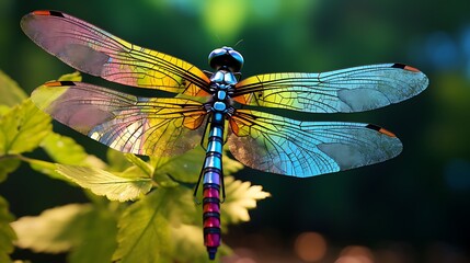 An artful depiction of a dragonfly's wings against a natural background, accentuating the fine details and vibrant colors in