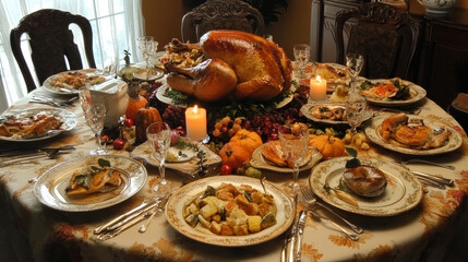 Naklejka premium A perfectly roasted turkey centerpiece on a festive table, surrounded by seasonal decor like autumn leaves, pumpkins, and candles, evoking the warmth of Thanksgiving
