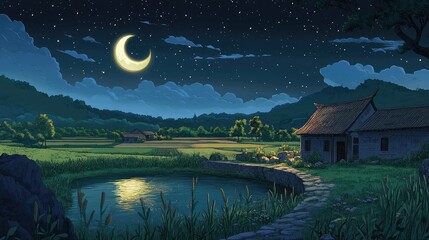 Cartoon capturing the quiet beauty of rural China at night, with a bright crescent moon, vibrant fields, and scattered stone homes, and moonlight reflecting on a small reservoir.