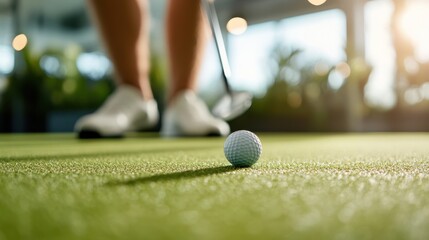 A golfer taking action with a golf ball on a bright indoor green, with clear focus on the ball and the player's legs in the background, capturing a dynamic moment.
