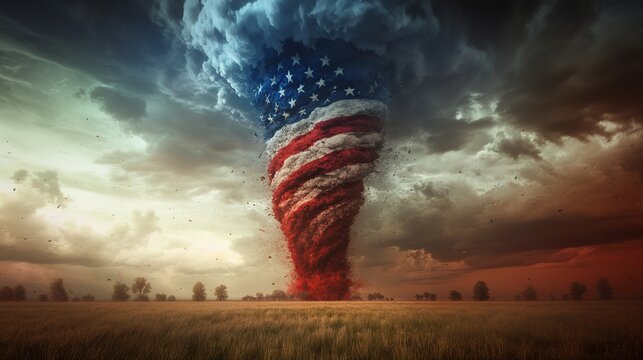 Giant tornado in colors of US flag - abstract dramatic illustration of natural disaster in USA