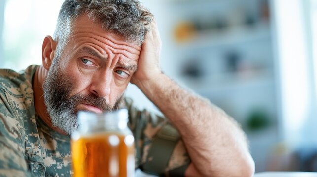 An older soldier in camouflage uniform sitting quietly with a drink on the table, appearing deep in thoughts, with a homely and softly lit background.