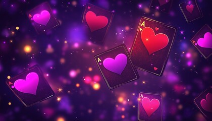 A vibrant design featuring floating playing cards with heart symbols on a colorful background.