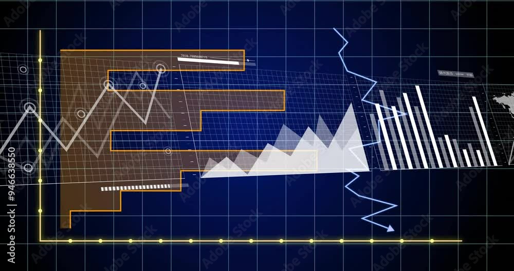 Poster Graphs and charts animation over grid background with world map
