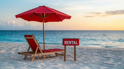 Empty beach chairs with umbrellas neatly arranged on white sand clear turquoise water RENTAL sign gently swaying warm sunset hues tranquil vacation scene 