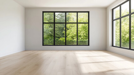Obraz premium Empty living room in a rental house with modern furnishings light streaming through large windows space ready to be called home minimalist and fresh 