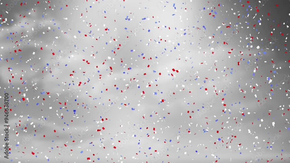 Poster Red, white, and blue confetti falling in celebration animation over gray background