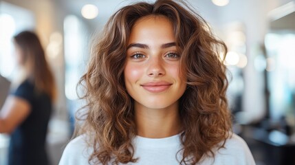 A young woman with curly brown hair is smiling at the camera while standing in a hair salon. The background is blurred, showing another person in the salon.