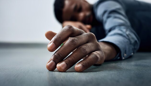 Black man lying on the floor due to fainting or an accident, concept of personal physical care, calls for emergency medical services
