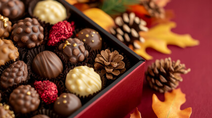 Fototapeta premium Festive Thanksgiving treat box with assorted chocolates and cookies adorned with fall foliage designs deep maroon and gold colors luxurious and indulgent gift idea 