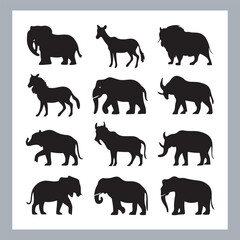 Set of silhouette logotype icons animal Lion, Elephant, Tiger, Giraffe, Kangaroo, Panda, Gorilla, dolphin, cat, deer, Polar Bear, Zebra, fox in white background