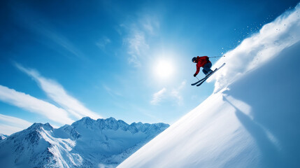 Freeride skier launching off a cliff mid-air against a backdrop of rugged mountains intense motion snow flying clear blue sky above wild backcountry adventure 