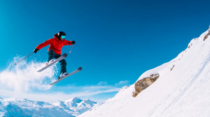 Freeride skier launching off a cliff mid-air against a backdrop of rugged mountains intense motion snow flying clear blue sky above wild backcountry adventure 
