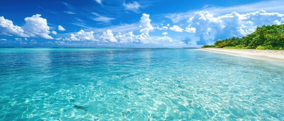 Clear Turquoise Water and Sandy Beach Under a Blue Sky with Fluffy White Clouds